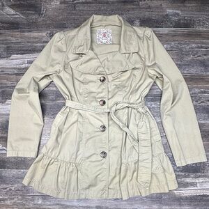 Decree Khaki Jacket - Trench Style Jacket - Tie Waist - Ruffle Hem Women’s Lrg
